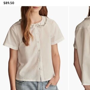 $89 Lucky Brand Cotton Embellished Peter Pan Collar ShortSleeve Shirt white Sz M